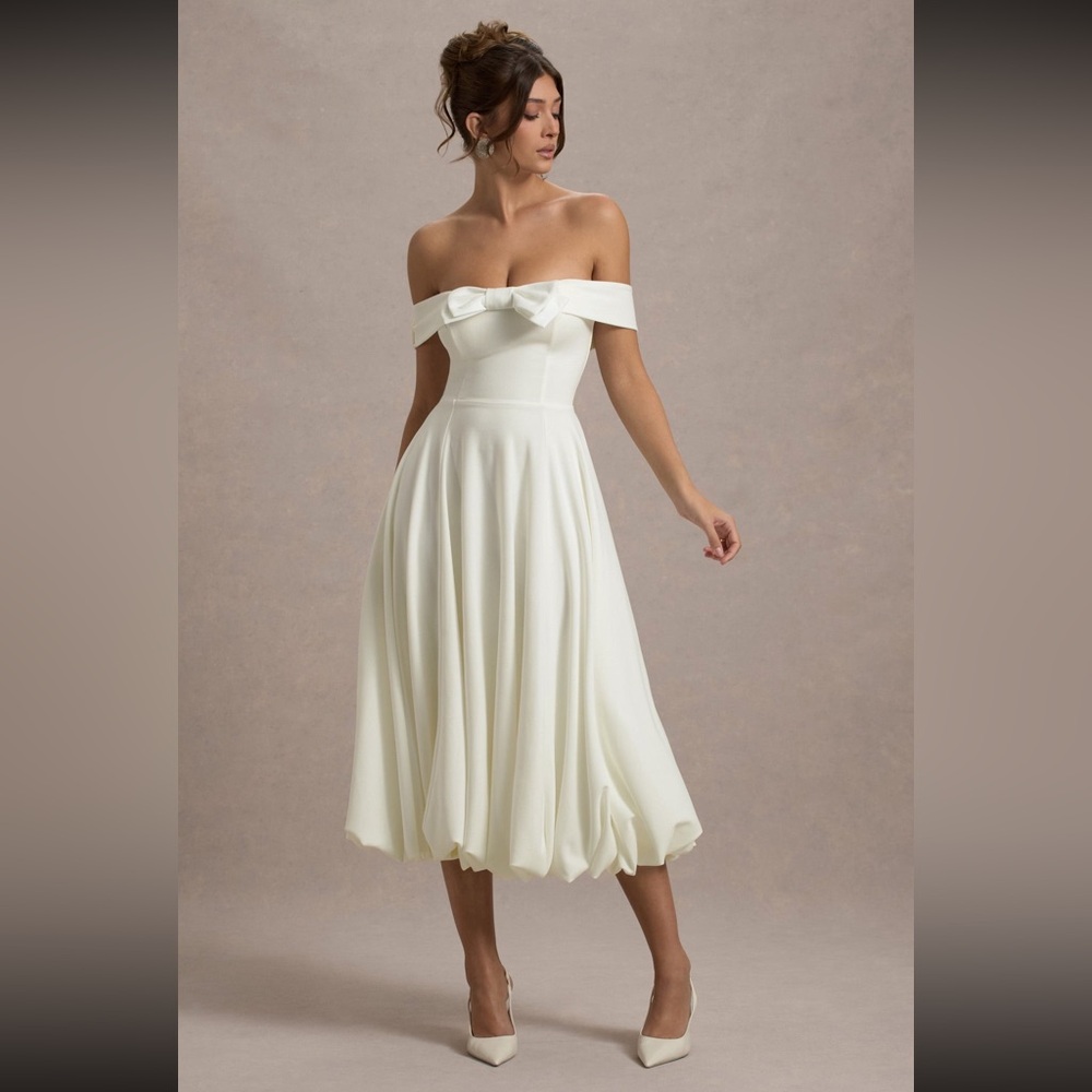 CLUB L LONDON CREAM BOW BARDOT MIDI DRESS WITH PUFF BALL SKIRT